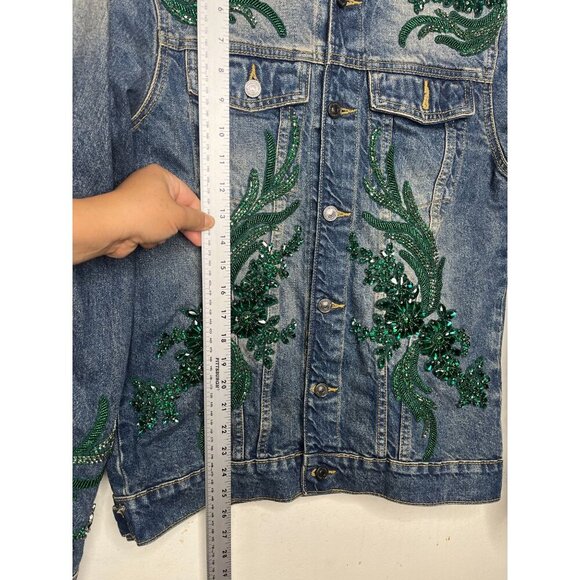 BoohooMAN Men's Embellished King Denim Jacket S Blue & Green Beaded Embroidery S - Picture 6 of 8